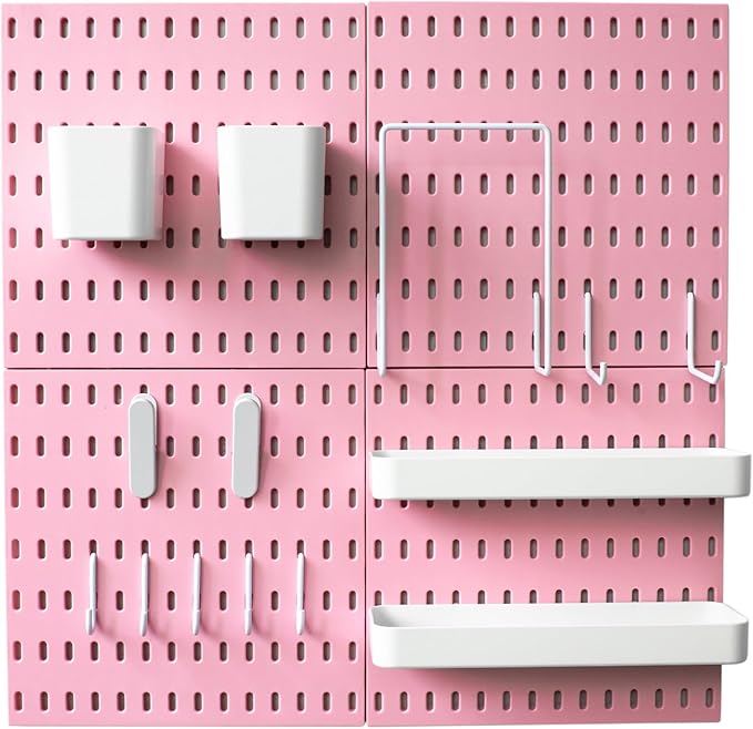 MULSAME Pegboard Combination Kit, Wall Mounted Storage Set with 8 Pegboards & 28 Accessories Hanging, Peg Boards Organizer for Walls Display, Crafts Organization, Kitchen Organizer, 22" x 44" Pink