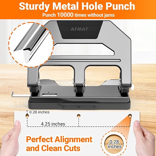 AFMAT Heavy Duty 3 Hole Punch, 40-Sheet Three Hole Puncher for Binder, 50% Reduced Effort Paper Punch, 10K+ Uses, Office Metal Hole Puncher 3 Ring w/Large Tray, Bulit-in S.S. Paper Guide, HPX2(Gray)