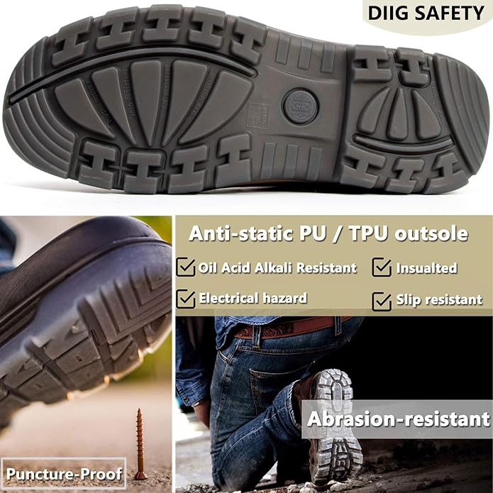 DIIG Work Boots for Men, Steel/Soft Toe Waterproof Working Boots, Slip Resistant Anti-Static Slip-on Safety Working Shoes