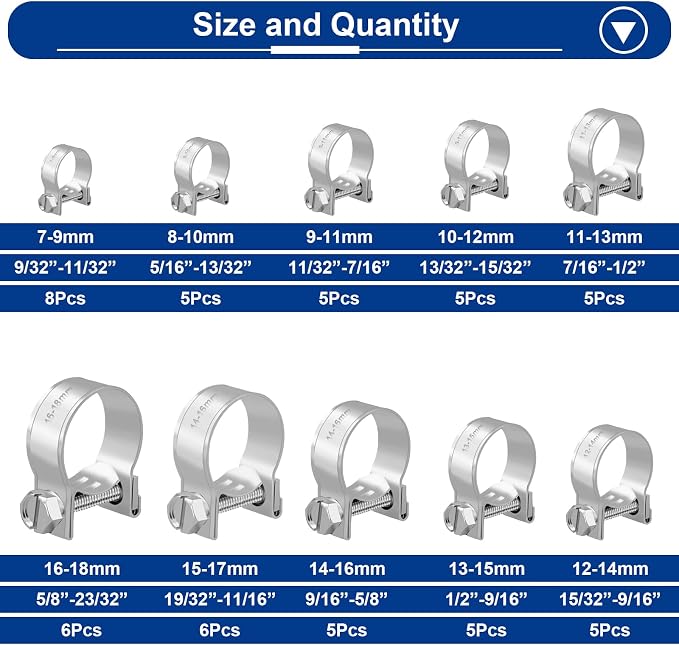 Tnisesm 55PCS Mini Fuel Injection Hose Clamps Adjustable 7-18mm 10 Sizes 304 Stainless Steel Fuel Line Clamps Assortment Kit,Hoses Clamps Sleeving,for Automotive Diesel Petrol Pipe