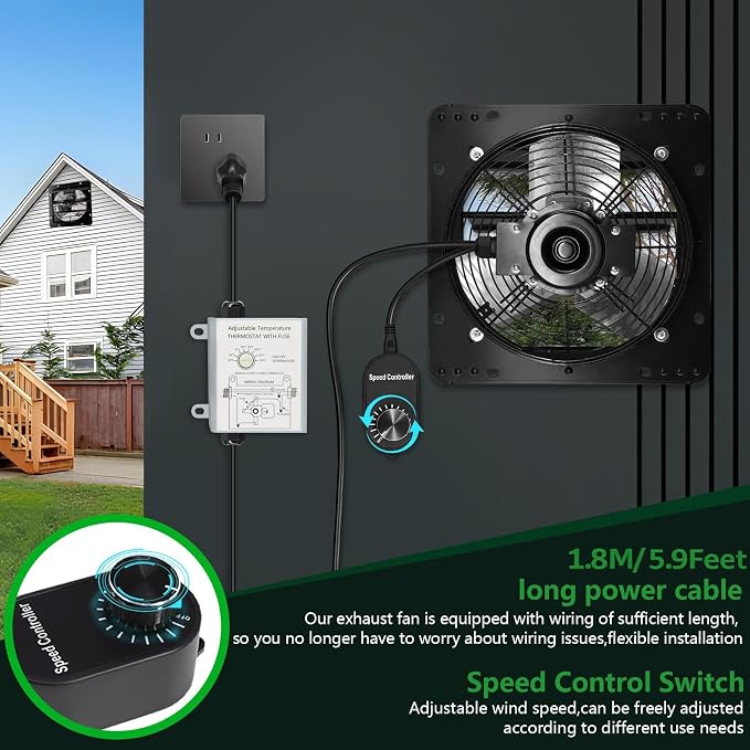 Shutter Exhaust Fan with Thermostat & Speed Control, 820 CFM,1700RPM, Upgrade 10 inch Wall Mount Attic Vent Fan for Chicken Coops, Greenhouse, Gable, Barn, Garage, Shed Ventilator