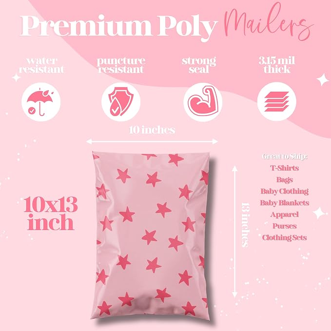 Pretty Package Store Poly Mailer 10x13, Seeing Stars Pink, 100 Pack | Heavy Duty, Waterproof, Self Seal, Tear Resistant, Shipping Bags for Small Business Packaging, Bulk Mailing Envelopes