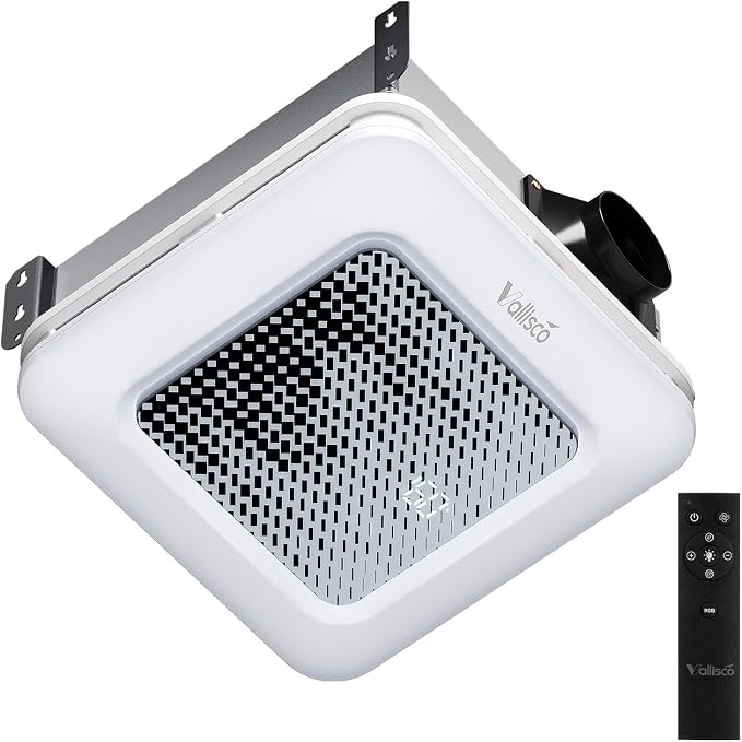 VallisCo Bathroom Exhaust Fan with Light, Odor & Humidity Sensors, 230 CFM Quiet Ceiling Fan with Remote, Timer, 3 Dynamic RGB Lights, 2700K–6500K Dimmable, Wall/Ceiling Mount (Black-to-White)