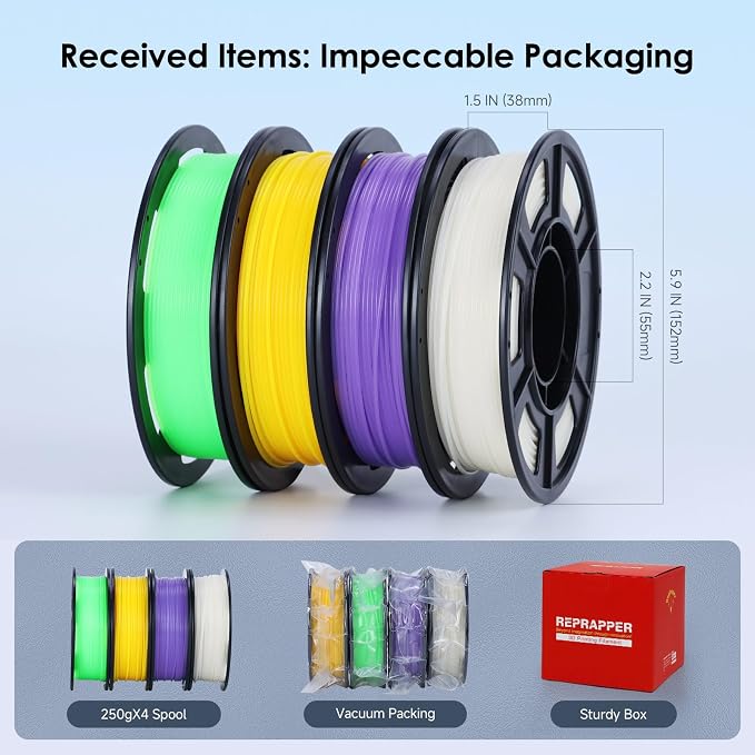 RepRapper 4 x 250g Glow Colors Pack, Glow in the Dark PLA Filament 1.75mm (+- 0.03mm) for 3D Printer, 4x250g Spools - Yellow, Purple, Green, White to Rainbow