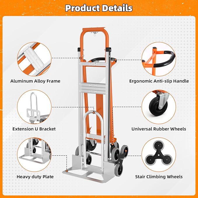 Aluminum 4 in 1 Convertible Hand Truck Dolly Cart with Wheels, 1000Lbs Capacity, Heavy Duty Stair Climbing Hand Trucks with Bungee Cord&Strap for Flat Ground & Stairs, Logistics, Home, Office, Orange
