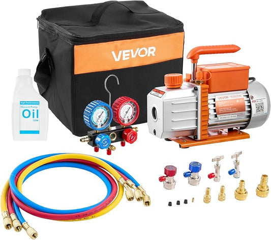 VEVOR AC Vacuum Pump and Gauge Set, 4.5 CFM 1/3 HP, Single Stage Rotary Vane HVAC Vacuum Pump, A/C Manifold Gauge Kit, for R134a R22 R410a R1234YF R32, with Carry Bag, for Auto HVAC Air Conditioning