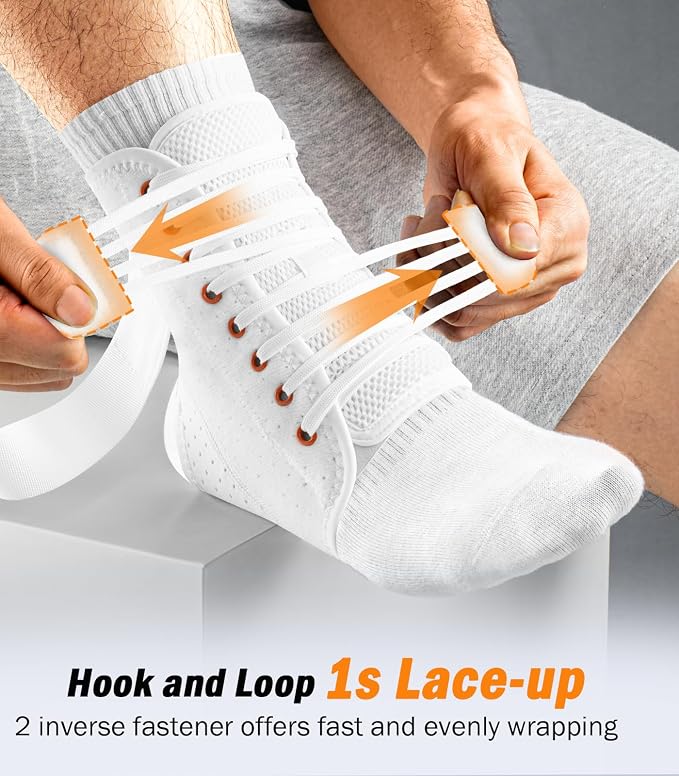 Slim-Fit Ankle Brace for Sprained Ankle, Quick Lace Up Ankle Support for Women Men with 2 Auto-Shaped Pads, Air Fabric Cool Ankle Stabilizer for Injury Recover, Running,Sports,White，XL