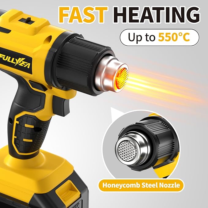 FULLYEA Cordless Heat Gun, Max 1022°F (550°C), Lightweight Hot Air Gun with 5 Nozzles & 2x4.0Ah Batteries, Portable Heat Gun Kit for Shrink Tubing, PVC Wrap, DIY Crafts (Yellow)