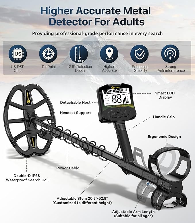 Metal Detector, Professional Metal Detector for Adults With High Accuracy 12.8" IP68 Waterproof Search Coil, Advanced DSP Chip, All Metal & Disc Modes for Beach&Outdoor Treasure Hunting, Gifts for Men