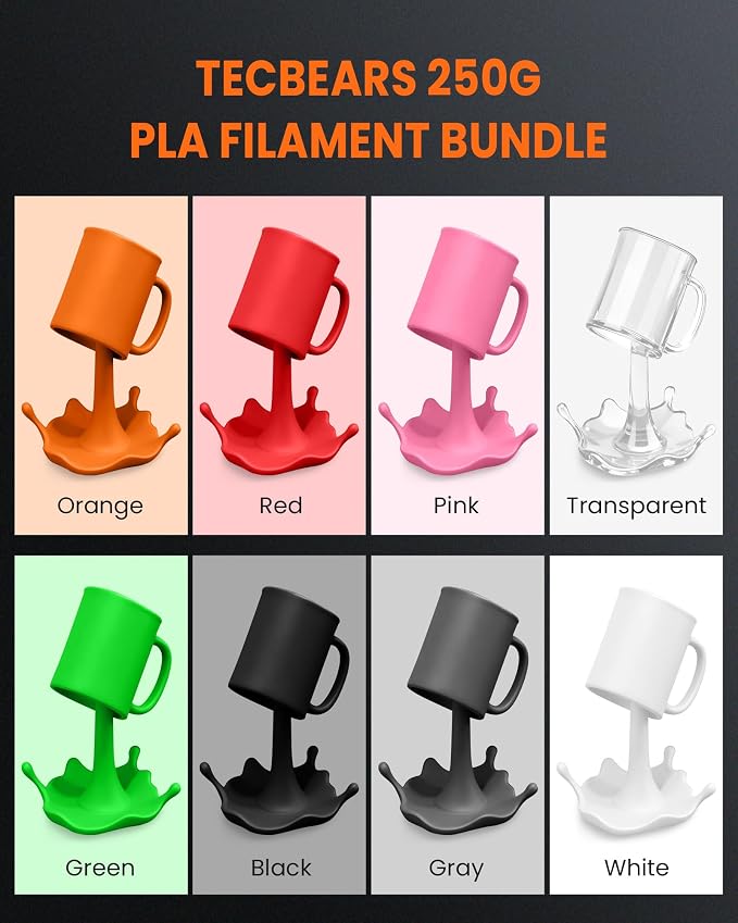 TECBEARS PLA 3D Printer Filament Bundle, 250g PLA Filament, 0.25kg/Spool,Total 4kg, 16 Packs, Black+White+Grey+Red+Blue+Green+Yellow+Orange+Pink+Skin+Chocolate+Silver+Olive Green+Transparent+Gold+Wood