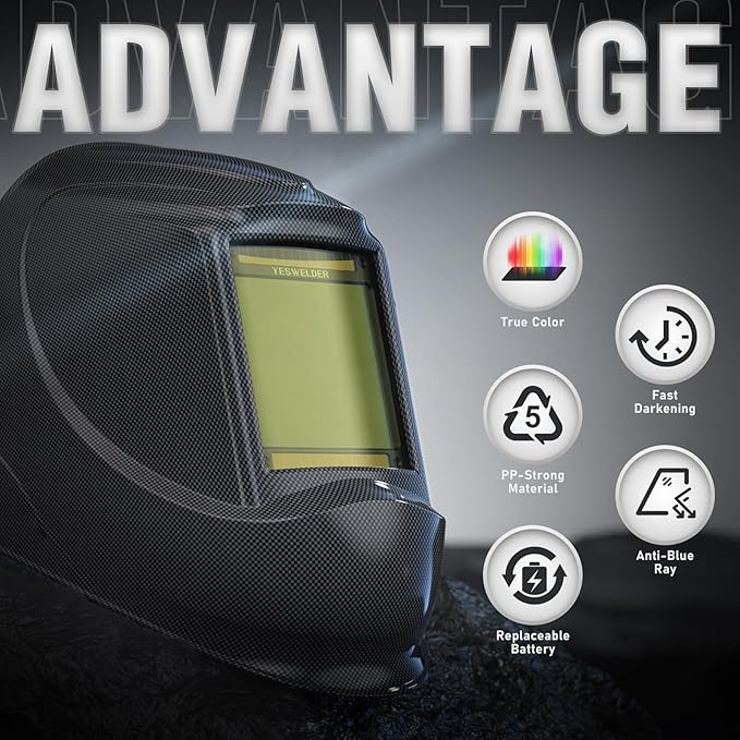 YESWELDER Large View Auto Darkening Welding Helmet, Blue Light Blocking, 1/1/1/1 True Color Solar Powered Welder Hood Mask with 4 Arc Sensors, Wide Shade 3/5-9/9-13 for TIG MIG ARC CUT and GRIND