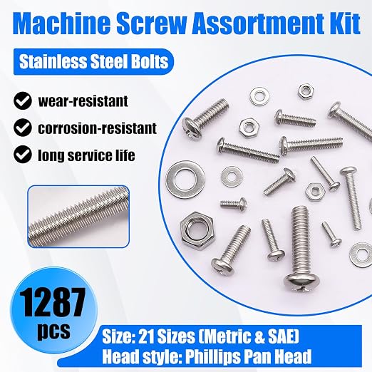1287Pcs Nuts and Bolts Assortment Kit, 304 Stainless Steel Bolts Machine Screws Hardware Assortment Kit, Metric & SAE Phillips Pan Head Screws, Assorted Bolts, Nuts and Washers Kit