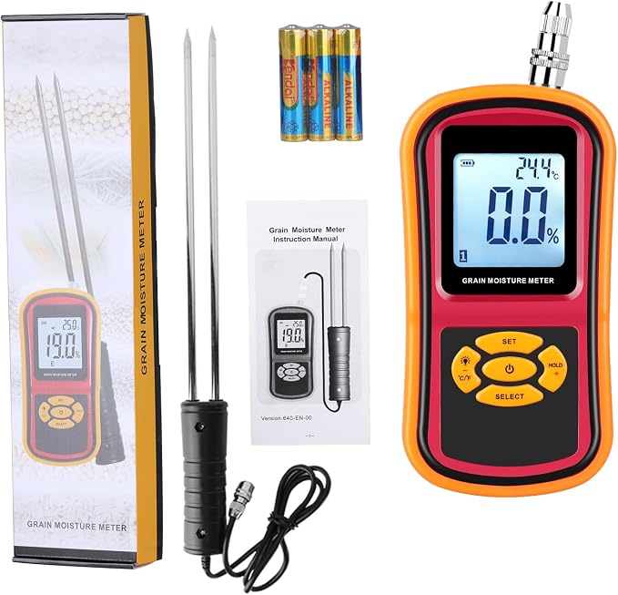 Digital Grain Moisture Meter for Wheat Corn Rice Peanut Soybean, Grain Humidity Meter, Portable LCD Display Hay Moisture Tester, Multifunctional Moisture Meter Probe Humidity Tester