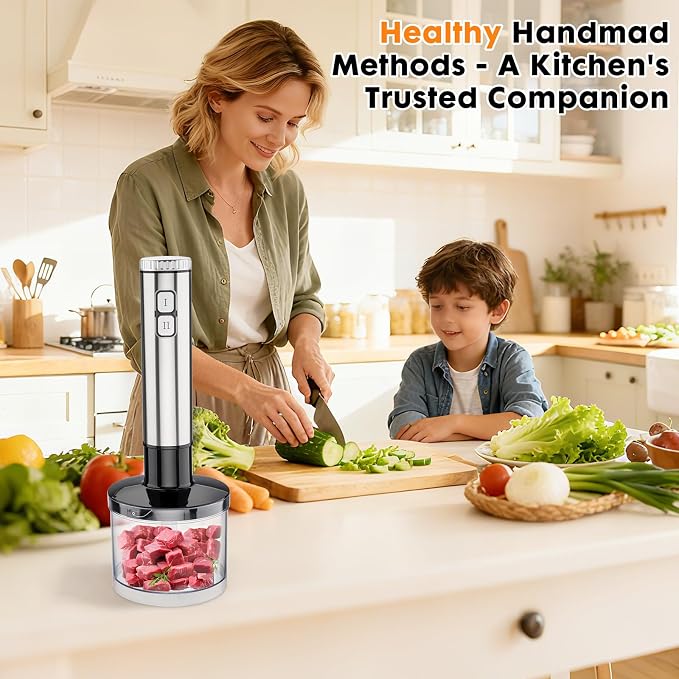Immersion Blender Handheld Cordless 8 in 1 Hand Held Blenders Mixer Stainless Steel 25 Speed Turbo Mode Electric Sitck Beaker Chopper Milk Frother Grinder