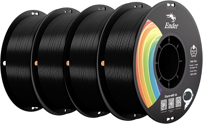 Creality PLA+ Filament 1.75mm 4KG, 3D Printer Filament 4 Pack 1kg Cardboard Spool, Strong Toughness, No-Tangling, Accuracy +/-0.02mm, Multi-Color 3D Printing Filament for Most FDM Printers(4 Black)