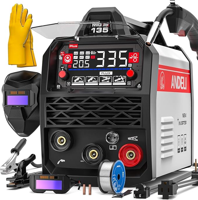 ANDELI 110V/220V MIG Welder 135A, PULSE Flux Core MIG/Lift Tig/Stick 3-in-1 Gasless MIG Welding Machine with Synergy，Large LED Display,2T/4T Full Kit (Bonus Welding Helmet & Gloves)