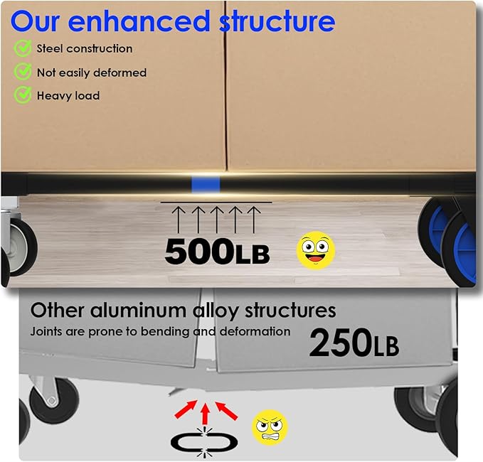 Black Convertible Hand Truck Dolly Cart with 4 Wheels Heavy Duty,500 Lbs Capacity, 2 Straps for Moving Furniture/Appliance/Carton/Warehouse/Office/no Need to Install, Follow Video to Fold