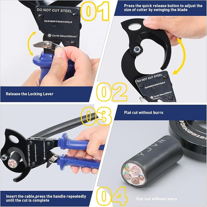 haisstronica Ratchet Cable Cutters,Heavy Duty Wire Cutters for Cutting Electrical Copper & Aluminum Cable Wire Up to 300mm²(600 Kcmil)