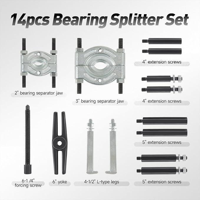 DNA Motoring 14 PCS Bearing Puller Set, 5 Ton Capacity Bearing Separator with 2" and 3" Jaws, Pinion Bearing Puller and Wheel Bearing Removal Tool, TOOLS-00453