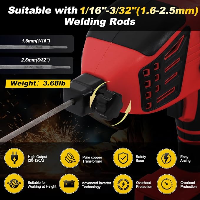 ITMIAYA® Portable Welding Machine 110V ARC Stick Welder Handheld for Metal IGBT Inverter 20-120Amps Stepless Current 1/16"-3/32" Electrodes Home Repair DIY Work (Red)