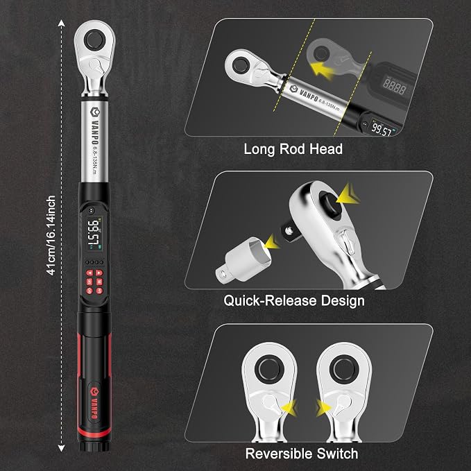VANPO 3/8 Drive Digital Angle Torque Wrench 5-99.6 Ft.lb, ±2% Accuracy | 6.8-135 Nm Electronic Torque Wrench, Buzzer LED Vibration Alarm, Perfect Tools for Car, Motorcycle & Engine Repair