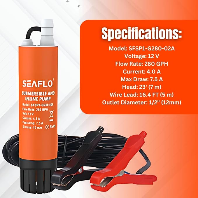 SEAFLO 280 GPH Submersible Inline Pump - 12V, Portable Transfer Pump for Diesel/Fresh Seawater, 23 ft Head, 16 ft Leads with Clips, 1/2 in Outlet, Marine RV, 4 Year Warranty