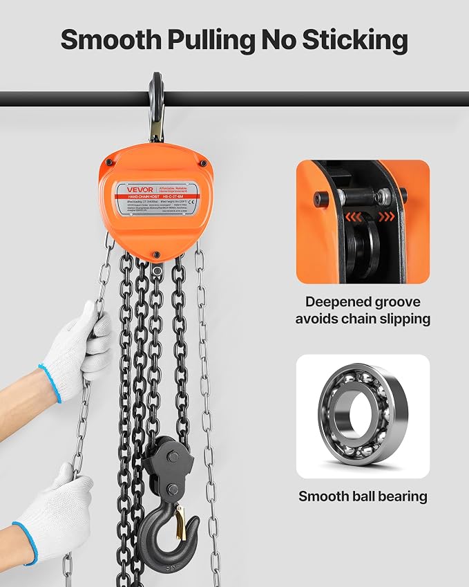 VEVOR Hand Chain Hoist, 2 Ton 4400 lbs Capacity, Manual Chain Block with Upgrade G80 Galvanized Chain, 20 ft Lifting Height, Heavy Duty Pulley Hoist for Garage Warehouse Automotive Machinery, Orange