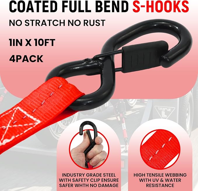 Retractable Ratchet Straps (Patented-2pack) - 1 inch x 10Feet (1,800lb Break Strength) Auto Self Retracting Tie Down Straps - Self Retractable Straps with Refletcive for Motorcyle, Truck or Cargo