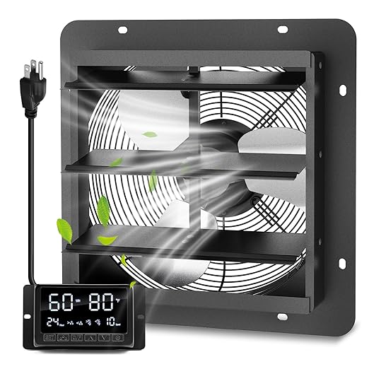 12" Wall Mounted Shutter Exhaust Fan with Thermostat - Temperature Humidity Controller, EC Motor, Aluminum Auto Shutter Ventilation Fan, Attic Vent Fan, Coops, Greenhouse, Barn, Shed Ventilator