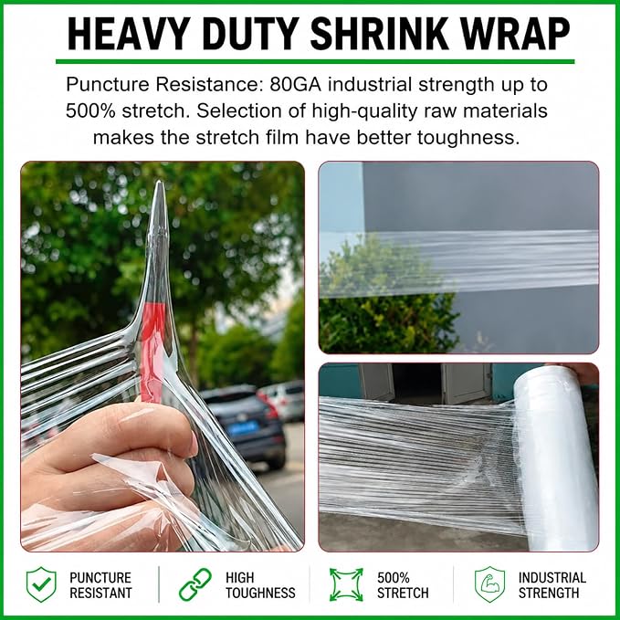 18in Stretch Wrap Roll, Heavy Duty 1500ft Shrink Wrap, 4 Pack with Handle | 80 Gauge, Industrial Strength, Clear Stretch Film, Self-Adhesive, Plastic Wrap for Pallet Wrapping Shipping Moving Furniture