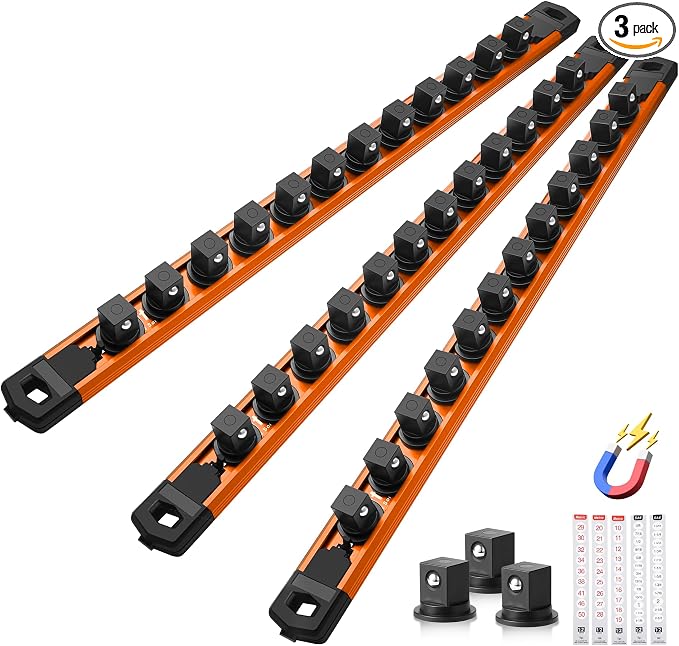 Reniteco Magnetic Socket Organizer Set, 3PC 1/2-Inch Drive Aluminum Alloy Socket Rail, Heavy Duty Magnetic Socket Holder for Tool Box Drawer, 360° Swivel Socket Rack, 1/2" x 36 Clips, Orange