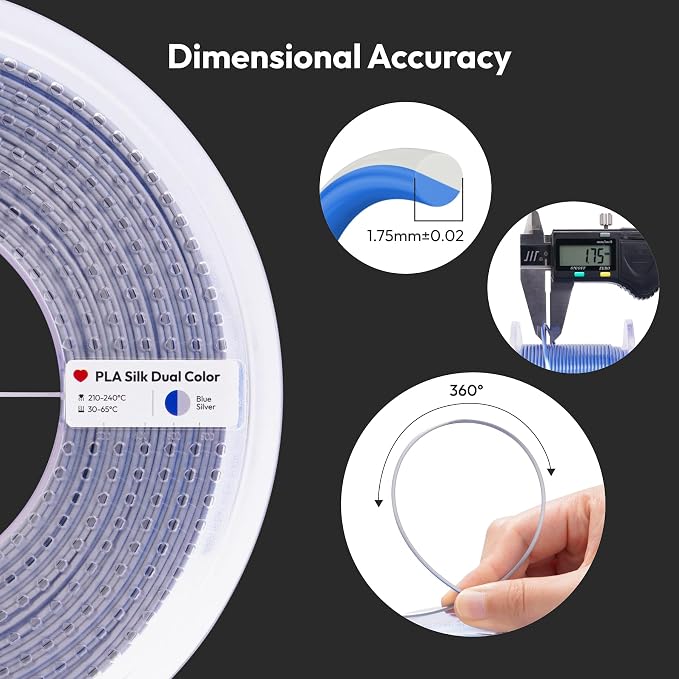 AMOLEN Silk PLA 3D Printer Filament, Dual Color Blue Silver PLA 1.75mm, Shiny Color Change Filament 3D Printing PLA Filament for Most FDM 3D Printer, 1kg Spool(2.2lbs)