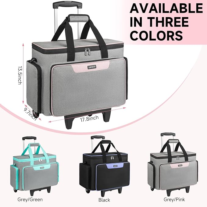LEFOR·Z Rolling Sewing Machine Case with Wheels,Sewing Machine Carrying Bag,Trolley Tote Bag Fits for Most Standard Singer,Brother,Janome Sewing Machine and Accessories,Grey/Pink