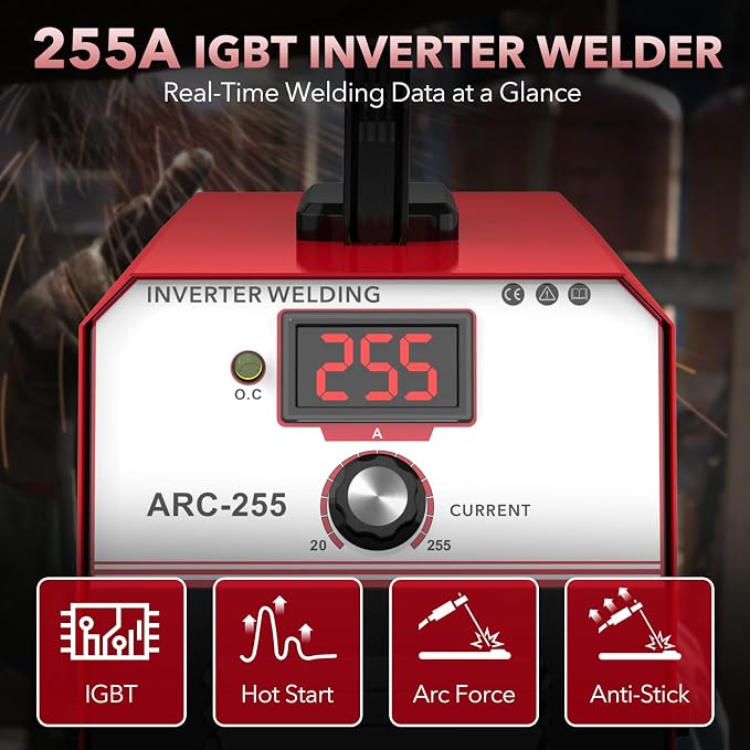 255A MMA Welder, 110V/220V Dual Voltage Portable ARC Welding Machine with IGBT Digital Display & Hot Start for Stick Electrode Welding - Outdoor Repairs, Farm & Home DIY