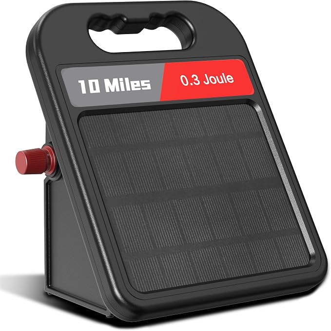 Solar Electric Fence Charger-0.3J-10 Miles, Maximum Output Voltage 10200V- Provide 24-Hour Uninterrupted Protection for Livestock and Yards with Rechargeable Solar Panel Black