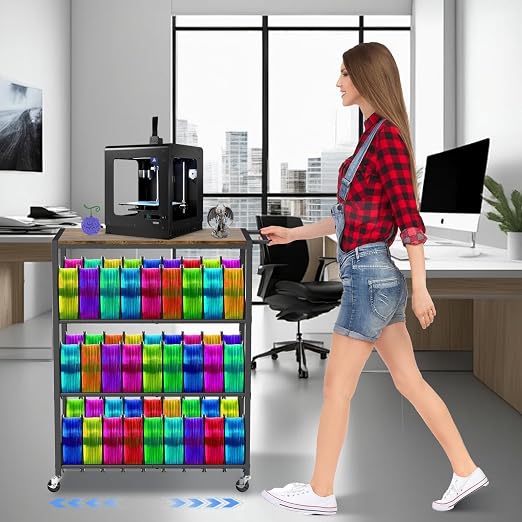 3D Printer Stand with Filament Storage Rack - 3D Printer Table Rolling Printer Cart on Wheels, Heavy Duty Metal Filament Spool Holder Organizer, 3D Printing Workstation for 48 Filament Spools Storage