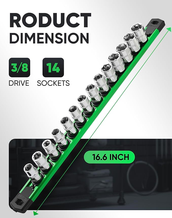 ALOANES Magnetic Socket Organizer Set, 3/8-Inch Drive Heavy Duty Aluminum Socket Rail Organizer, 360° Swivel Clips Socket Holder Kit for Toolbox Drawer Fit 3/8-Inch x 14 Clips (Green, 1PC)