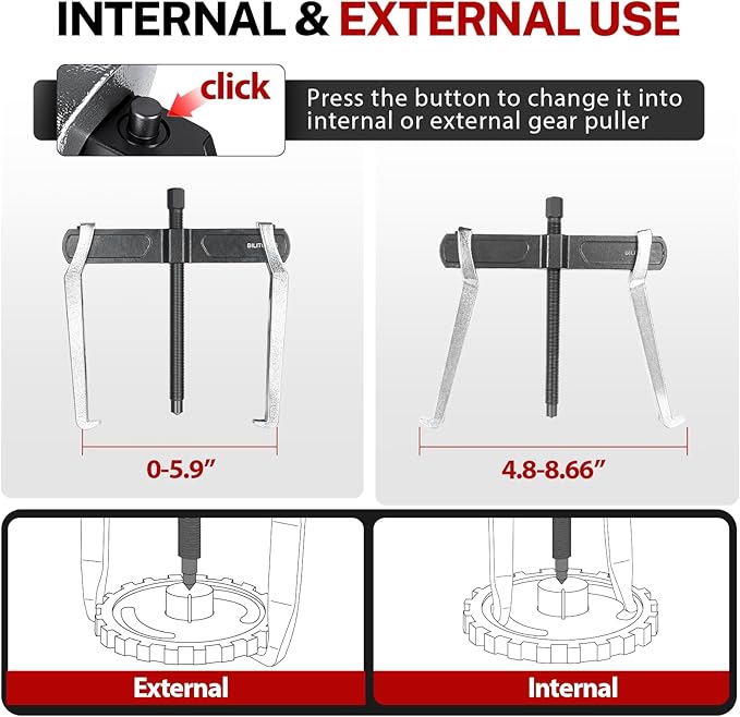 BILITOOLS 8" 2 Jaw Gear Puller, Bearing & Pulley Removal Tool, Internal External Reversible for Flywheel, Gears & Pulleys
