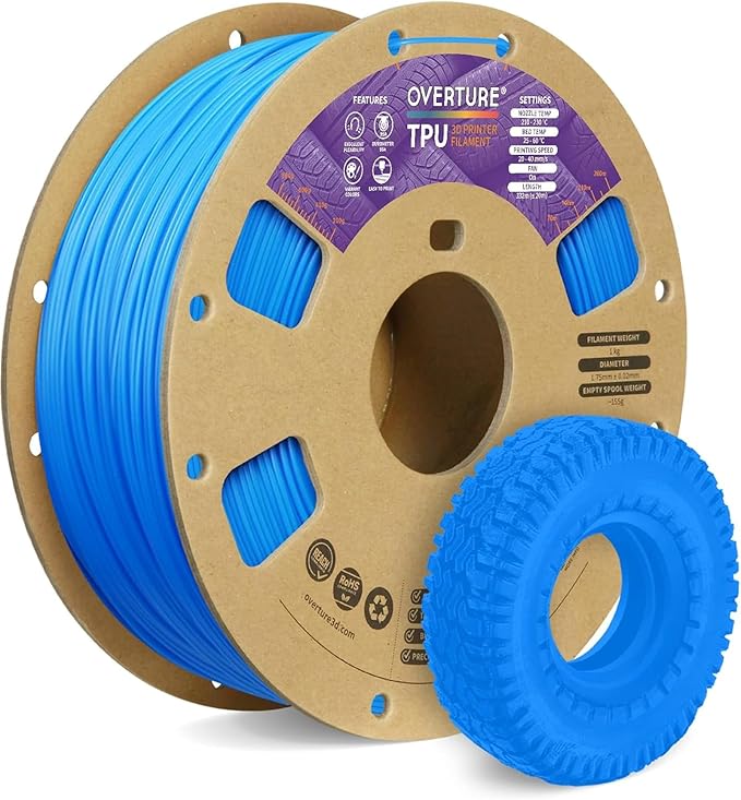 OVERTURE TPU 95A Flexible 3D Printer Filament 1.75mm | High Elasticity & Durability Filament,1kg Spool(2.2lbs),Fit Most FDM Printer(TPU Digital Blue)