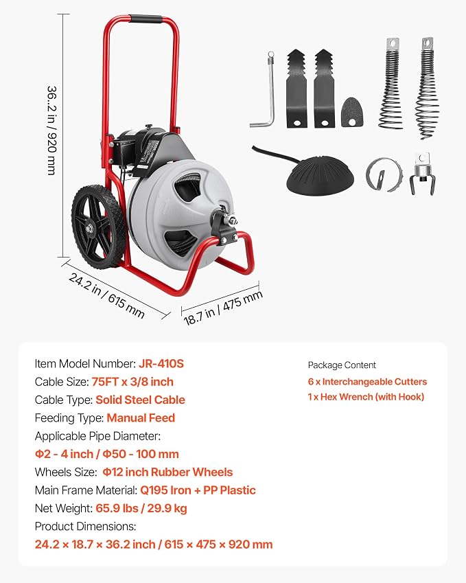 VEVOR Drain Cleaner Machine 75 FT x 3/8 Inch, Sewer Snake Auger Manual Feed on Wheels, Portable Drain Cleaning Machine with 6 Cutters & Air-activated Foot Switch for 2" to 4" Pipes