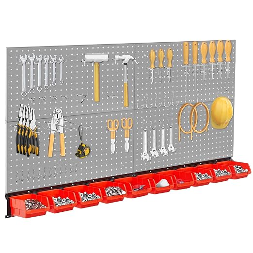Peg Board Wall Organizer, Gray Metal Pegboard Organizer, 4 Metal Pegboard Panels(12"x24") with 55 Accessories, Wall Mount Large Peg Board Kit with Hooks, Bins for Home, Garage, Workbench