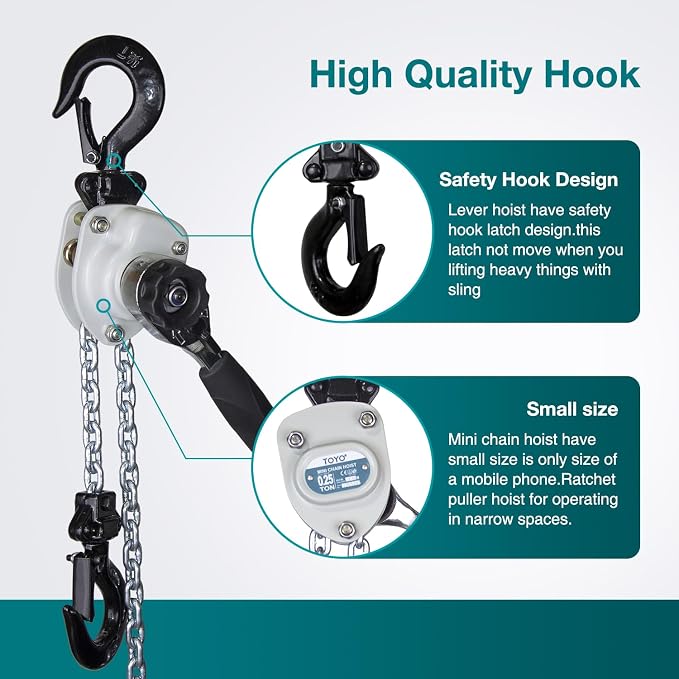 TOYO Mini Chain Hoist 550lb,5 ft Lever Hoist 1/4 ton mini Puller 1.5 M Lever Chain Hoist with 2 Heavy Duty Hook for Warehouse Garages Building Automotive Machinery (550Lb 5Ft)