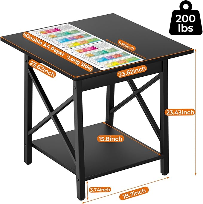 GreenForest Square End Table 24 Inch with X-Frame 2-Tier Storage | Nightstand for Living Room & Bedroom, Rustic Decor, Sturdy, Waterproof Scratchproof Top, Easy Assembly, Black