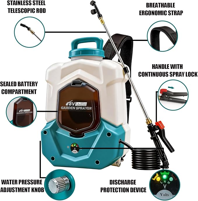 Battery Powered Backpack Sprayer Compatible with Ma-Kita 18V Battery, 100 PSI Electric Garden Sprayer 4 Gallon with 4.0Ah Battery, 6 Hours of Runtime, Telescopic Wand, 8 Nozzles for Weed Pest Control