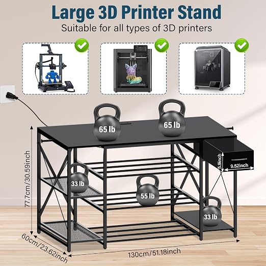 Professional 3D Printer Stand with Massive Filament Storage, Heavy Duty 4-Tier 3D Printer Table Workbench with Power Hub & Drawer, Stable 3D Printing Station for Bambu Lab, Creality & Workshop, Black