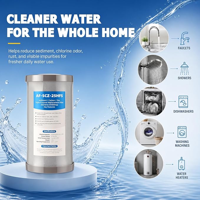Kingdder Water Filter Compatible with Fortitude V2 Af Scz 25hfs Cartridge Replacement Filter for Home Whole House Filtration System, Triple-Stage Sediment, Carbon & Zinc, Standard Size(2 Pcs)