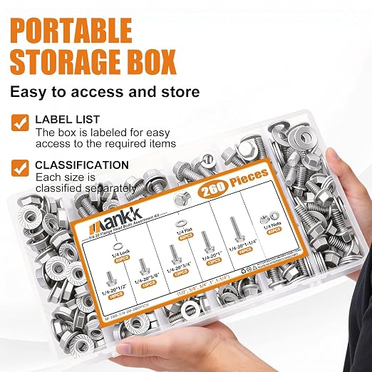 mankk 260PCS Flange Head Bolts Assortment Kit 1/4-20 x (1/2",5/8",3/4",1",1-1/4") 304 Stainless Steel SAE Flange Hexagon Screws and Serrated Flange Nuts Kit