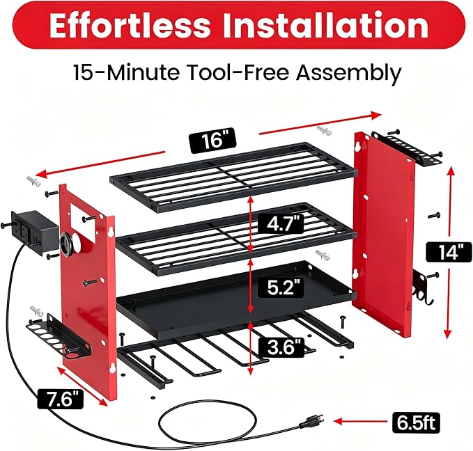 4-Tier Power Tool Organizer, Built-in 2-Outlet Charging Station for Small Garages, 400lb Capacity 12mm Steel Drill Holder & Battery Storage for DIY Home Workshops (4 Slots with 2 Outlets Power Strip)