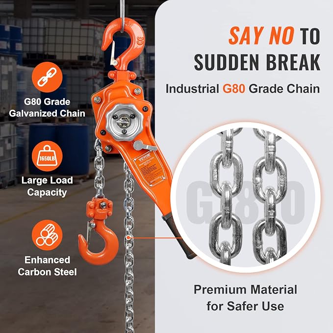 VEVOR Manual Lever Chain Hoist, 3/4 Ton 1650 lbs Capacity 10 FT Come Along, G80 Galvanized Carbon Steel with Weston Double-Pawl Brake, Auto Chain Leading & 360° Rotation Hook, for Garage Factory Dock