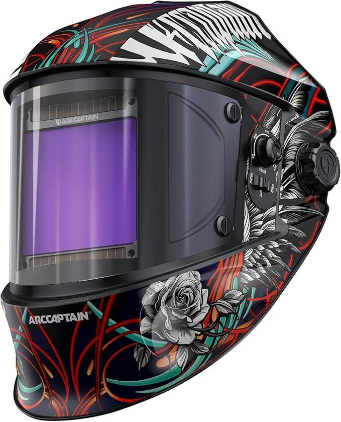ARCCAPTAIN Large Viewing Screen 3.93"X3.66" Welding Helmet, True Color 1/1/1/1 Solar Power Auto Darkening Welding Hood with 4 Arc Sensor, Wide Shade 4/5-9/9-13 for TIG MIG ARC, Brambles